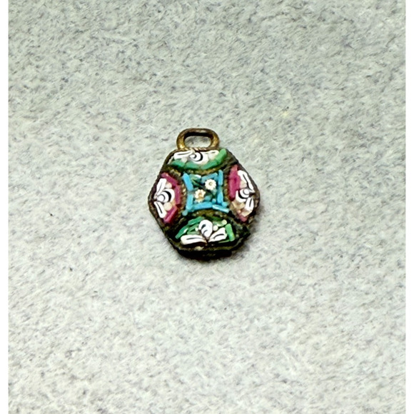 Antique Brass Tone Italy Micro Mosaic Multi-Color Small Flower Hexagon Pendant - Picture 4 of 4